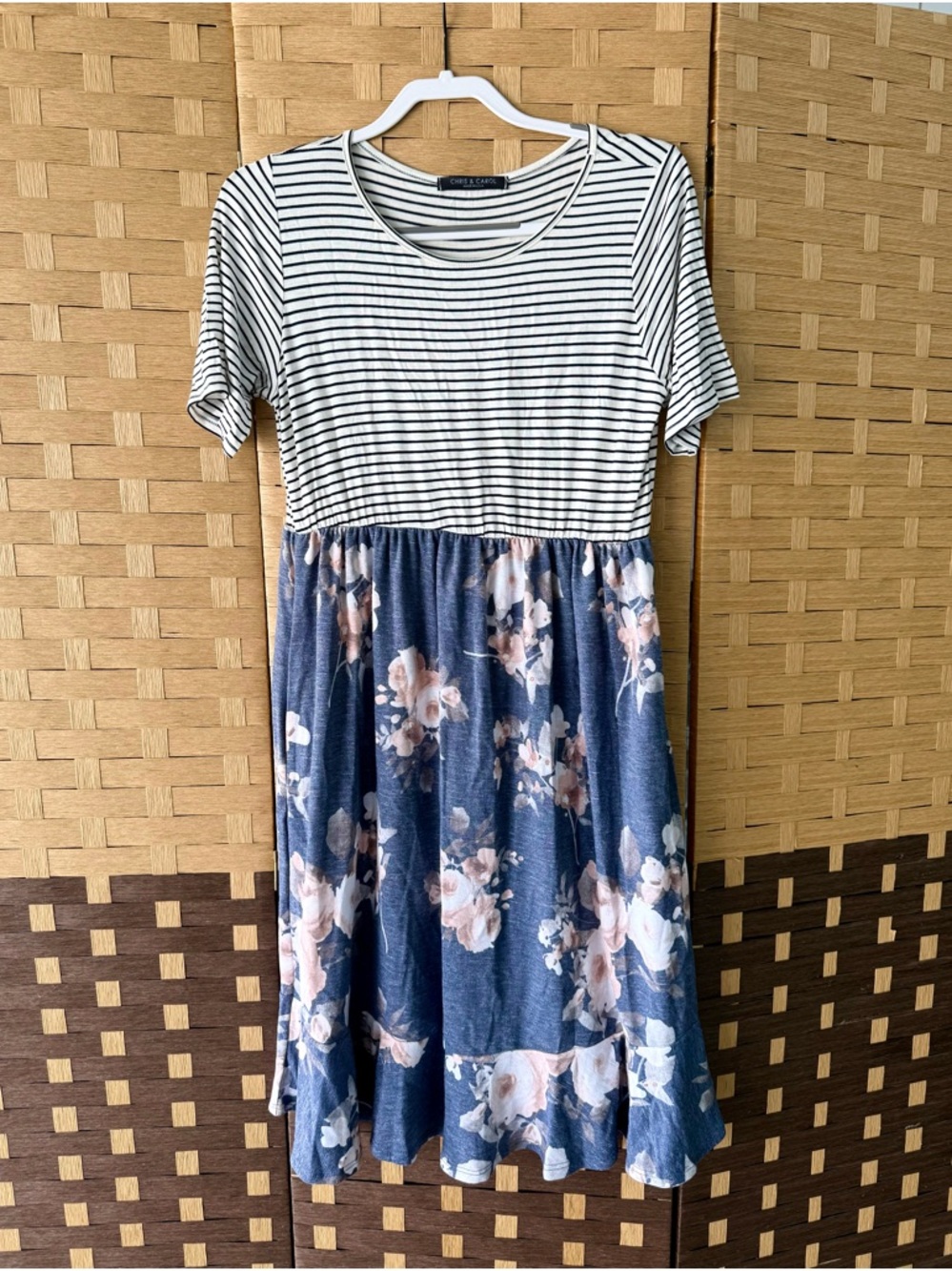 Chris & Carol Navy Floral and Black-White Striped Short Sleeve Dress